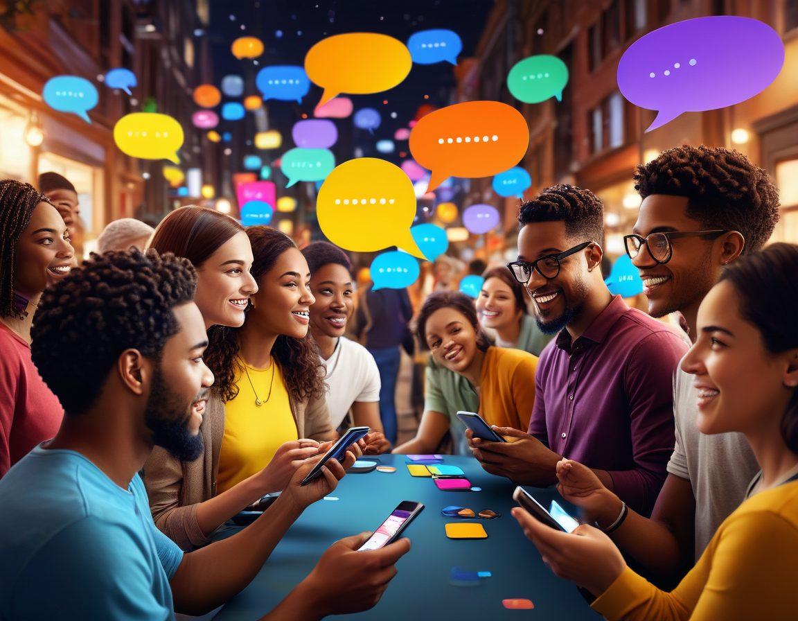 A lively community scene with diverse individuals engaged in discussions, surrounded by digital devices displaying the GoStop interface. Bright colors showcasing a sense of connection and collaboration, with overlapping speech bubbles illustrating vibrant conversations. Soft focus on the background emphasizing engagement and interaction. Modern and inviting atmosphere. super-realistic. vibrant colors. 3D.