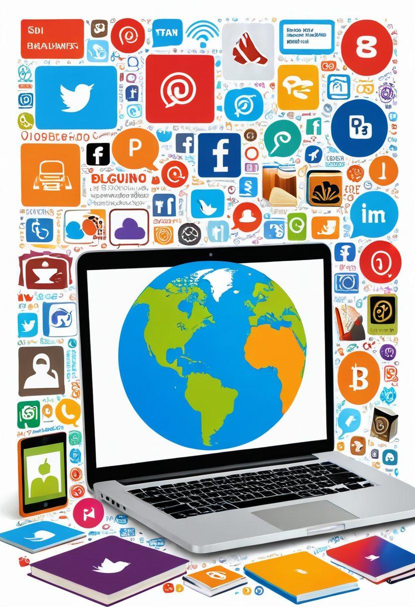 A colorful collage representing the essence of blogging: an open laptop with a blog page visible, surrounded by social media icons, a globe symbolizing exploration, and cartoonish characters sharing ideas. The background features vibrant books and digital devices to signify learning and interaction. super-realistic. vibrant colors. white background.