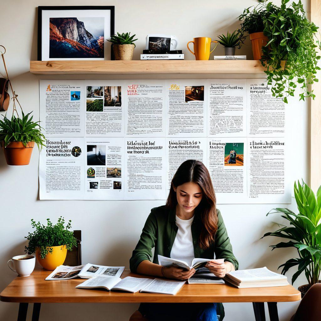 A dynamic collage depicting a vibrant lifestyle scene with a cozy home environment, featuring someone reading a magazine, a laptop showing trending news articles, and colorful plants in the background. Include elements like coffee cups, notebooks, and eye-catching infographics. The atmosphere should be warm and inviting, evoking a sense of knowledge and inspiration. super-realistic. vibrant colors. cozy ambiance.